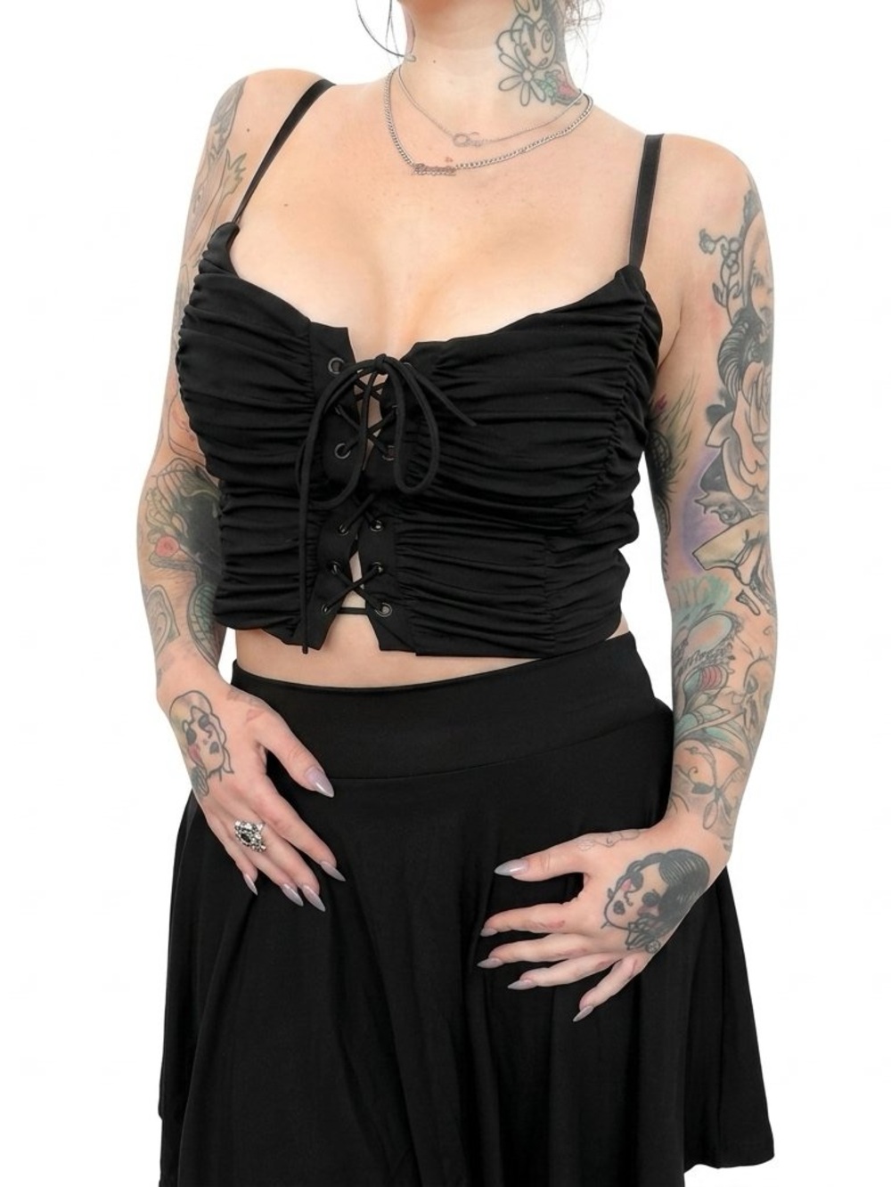 Black Lace-Up Ruched Crop Top - Women